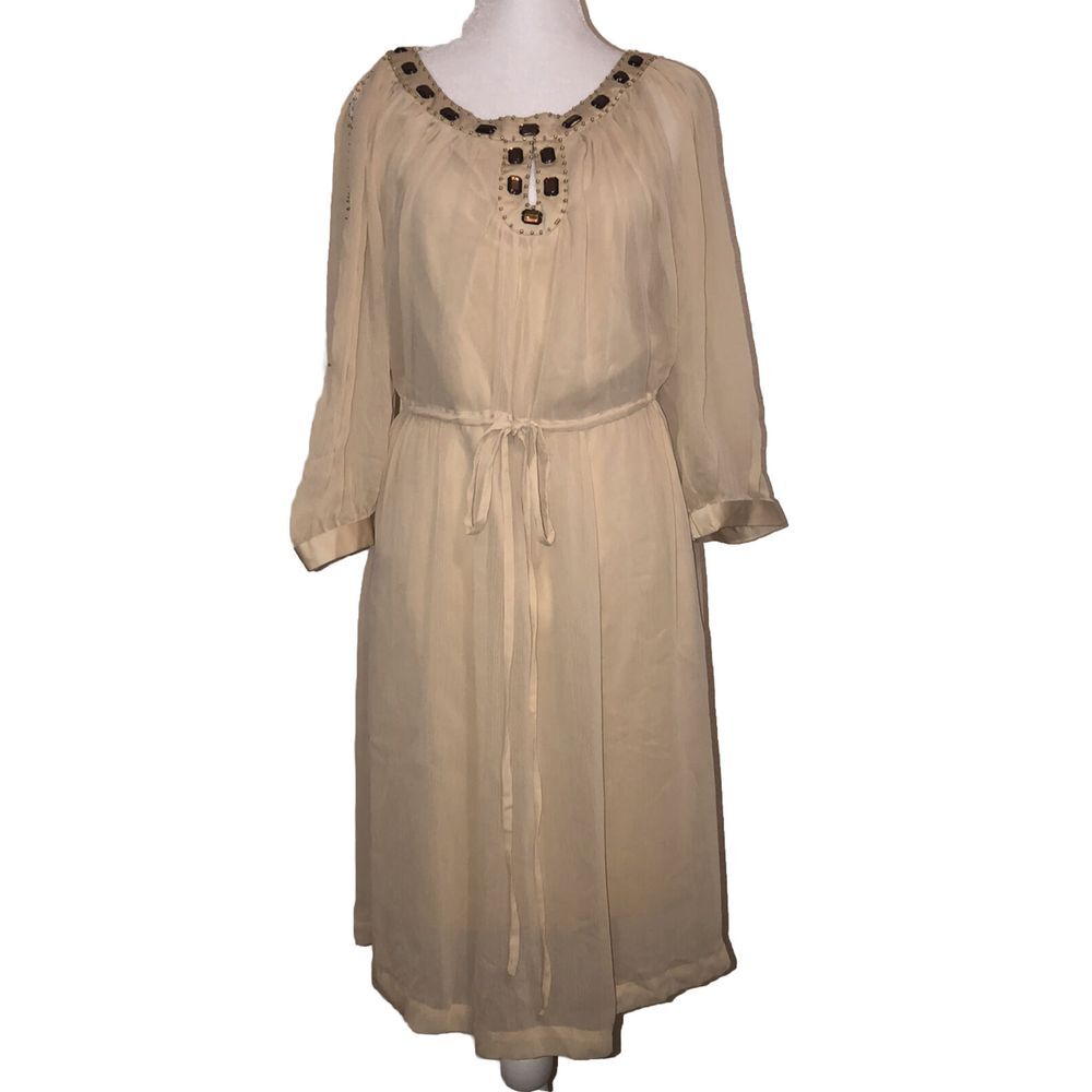 Eci Dress‎ 8 Beige Cold Shoulder Crepe Stones And Beads Embellished NEW